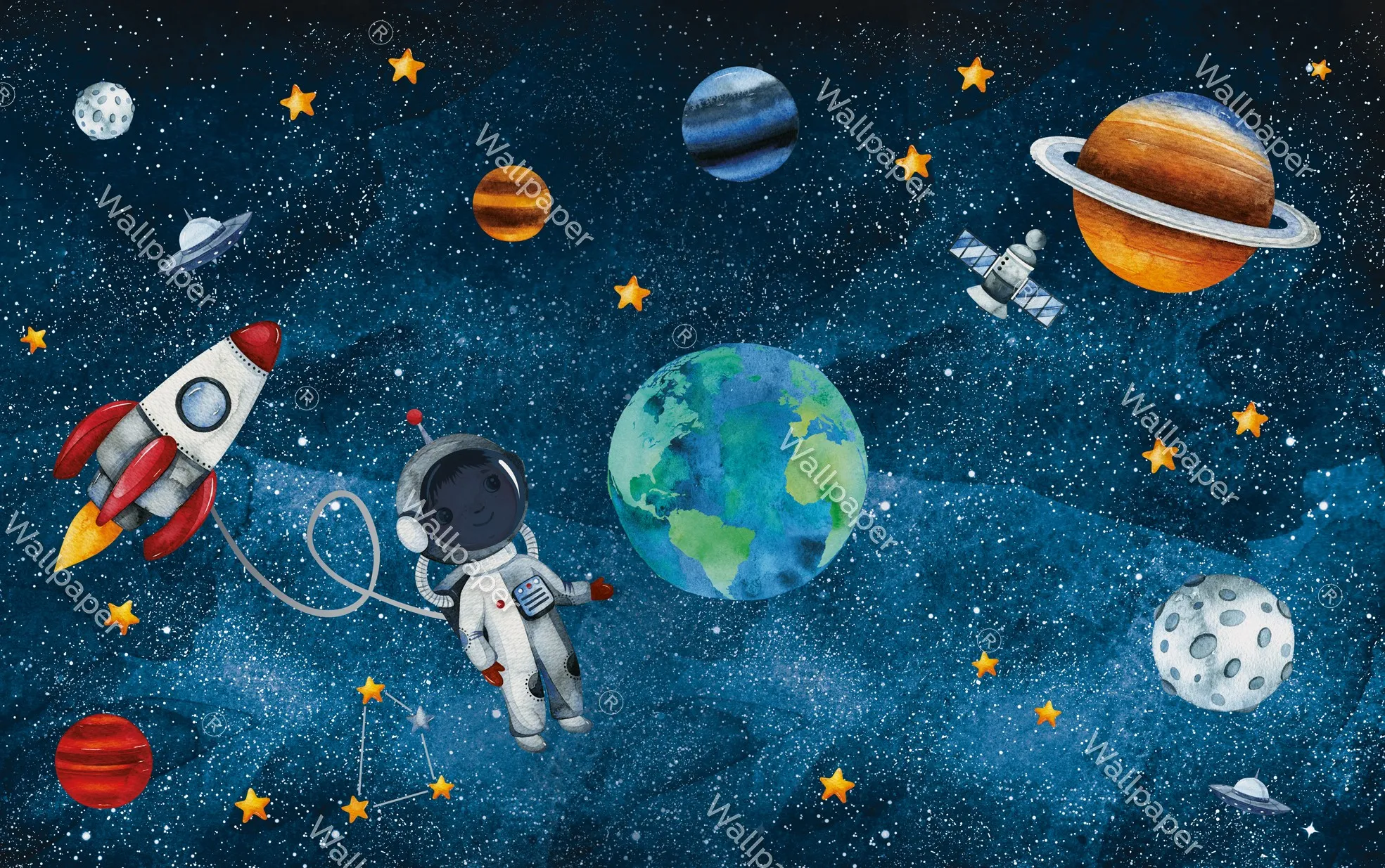 Cosmic Adventure – Kids’ Space Wallpaper with Planets & Stars