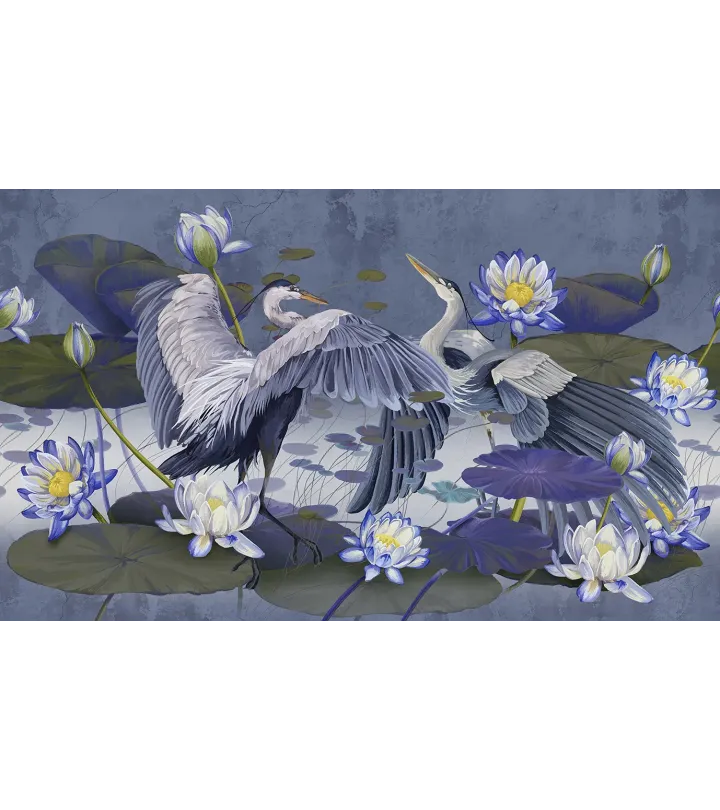Harmony of Wings – Designer Wallpaper with Herons and Water Lilies