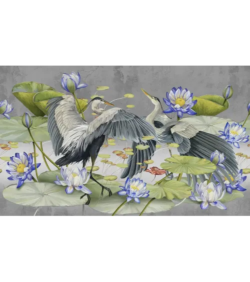 Harmony of Wings – Designer Wallpaper with Herons and Water Lilies