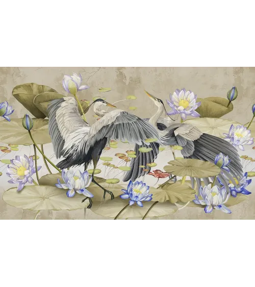 Harmony of Wings – Designer Wallpaper with Herons and Water Lilies