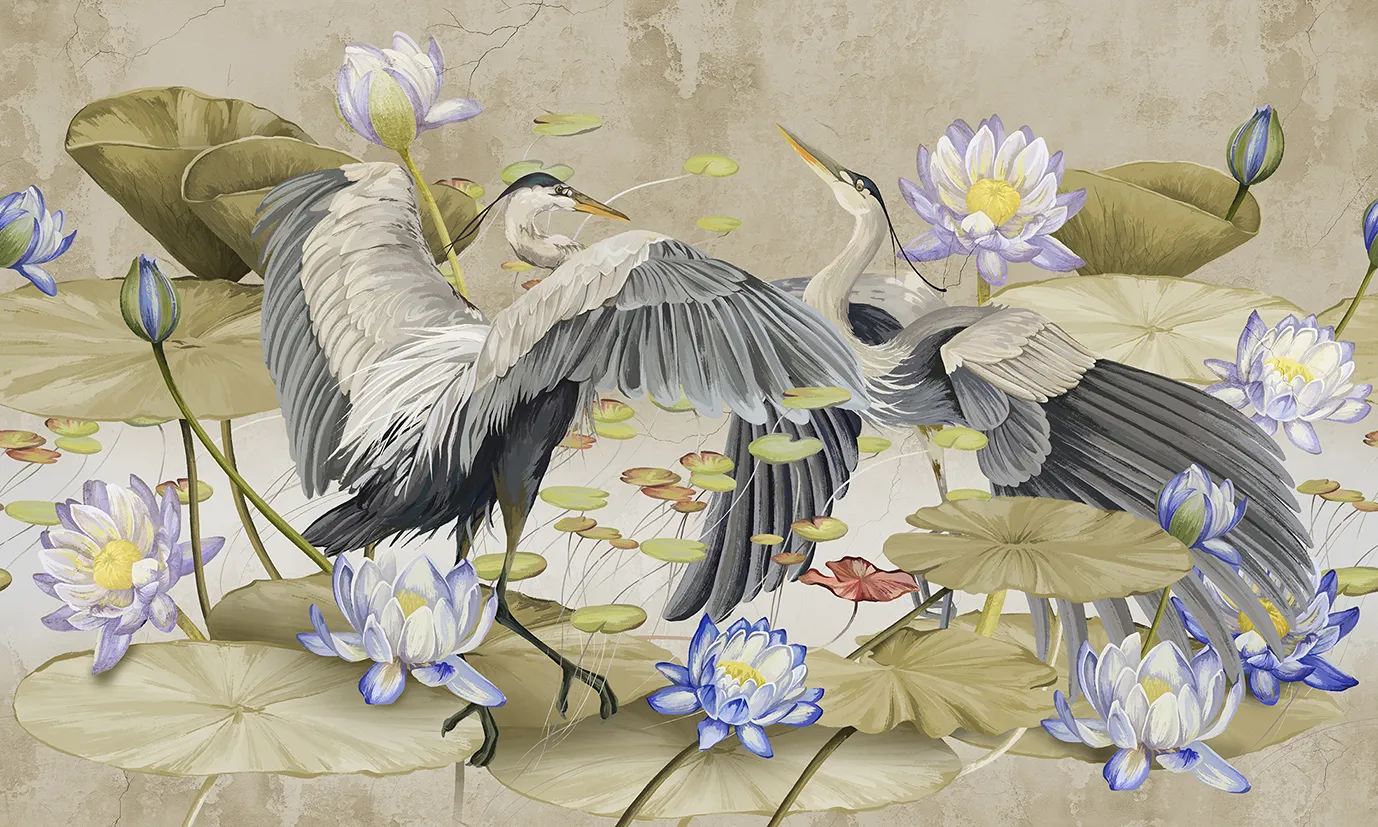 Harmony of Wings – Designer Wallpaper with Herons and Water Lilies
