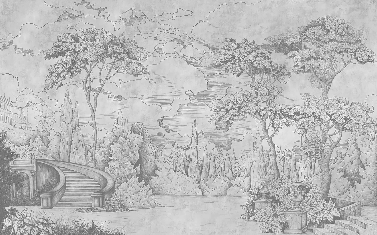 Timeless Estate – Panoramic Wallpaper with Architectural Garden Landscape
