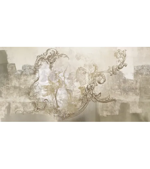 Baroque Flight – Elegant Wallpaper with Herons and Baroque Ornaments