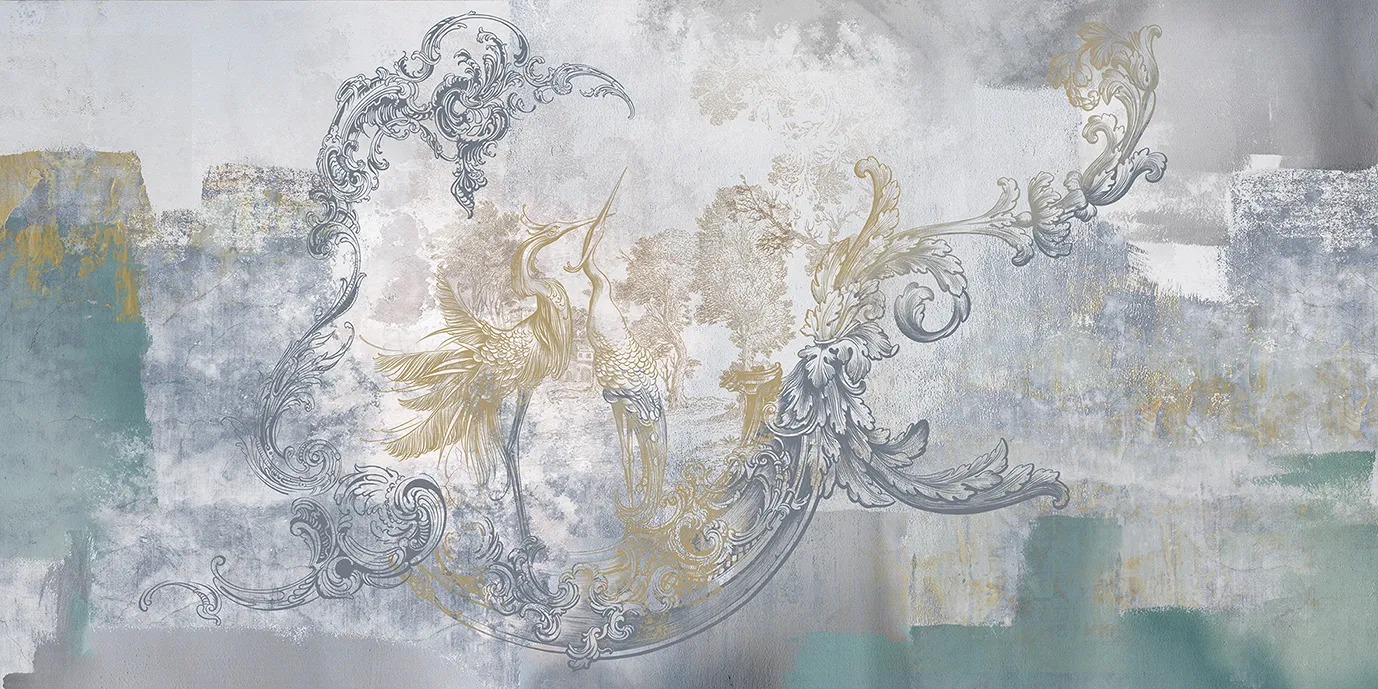 Baroque Flight – Elegant Wallpaper with Herons and Baroque Ornaments