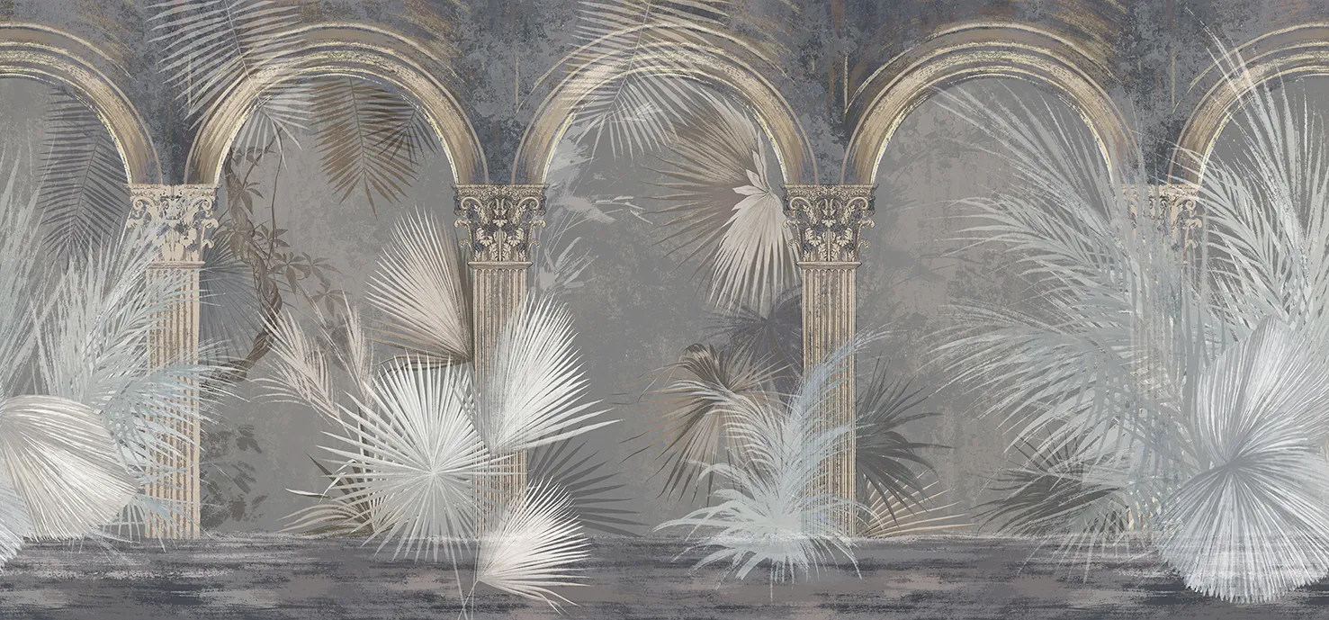 Palms of Arcadia – Tropical Wallpaper with Classical Arches and Palms