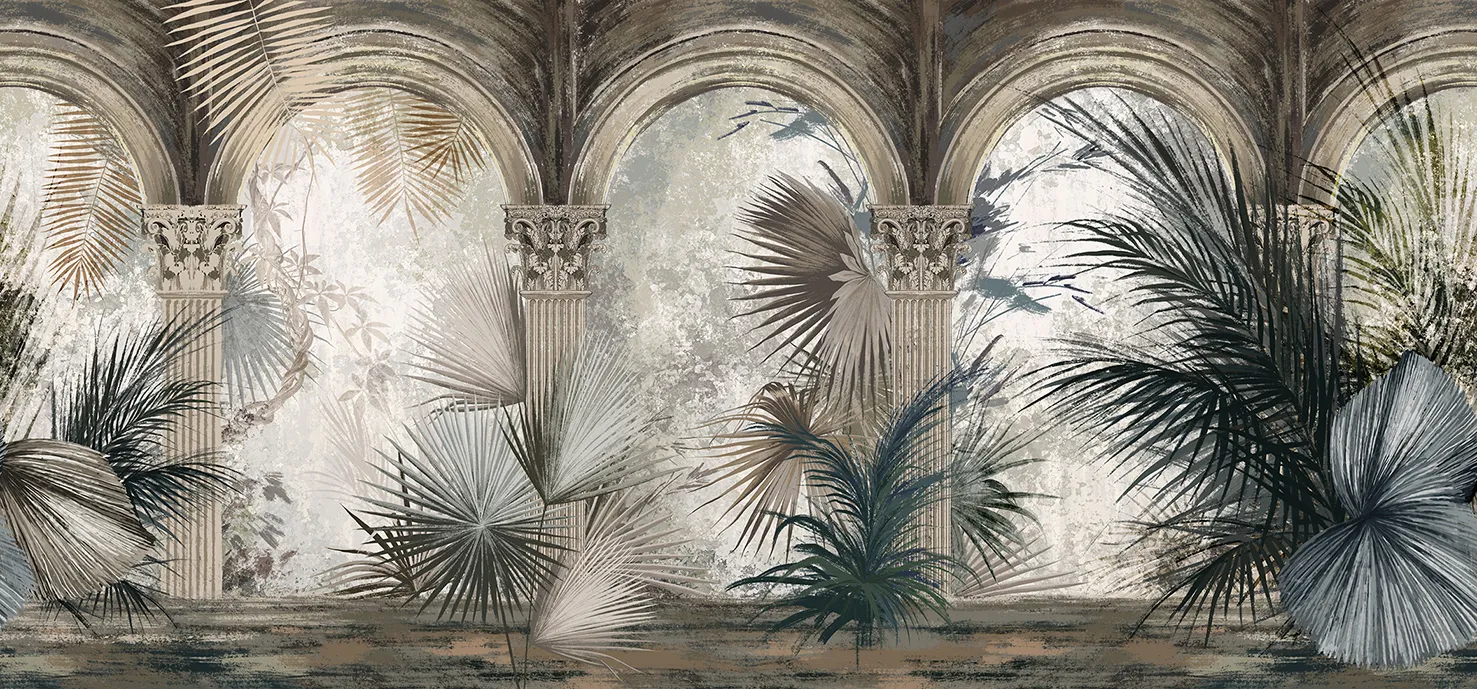 Palms of Arcadia – Tropical Wallpaper with Classical Arches and Palms