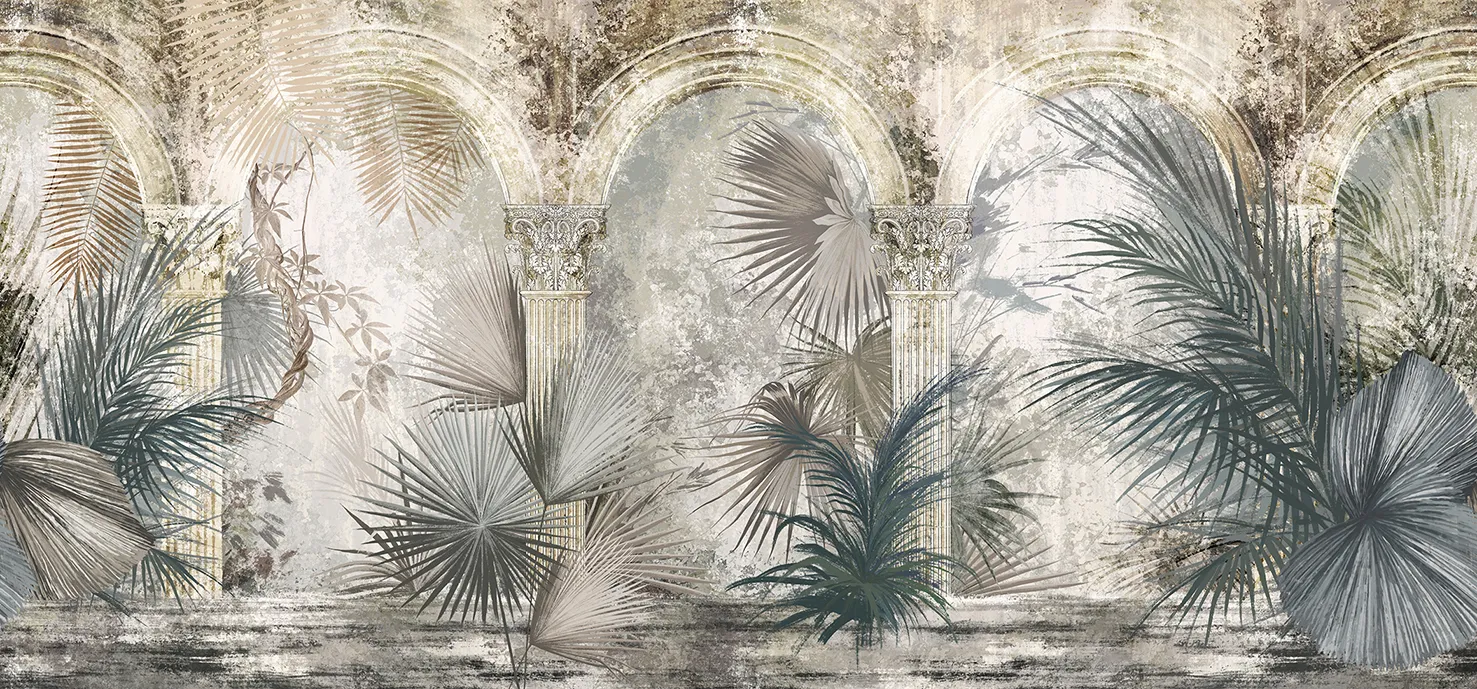 Palms of Arcadia – Tropical Wallpaper with Classical Arches and Palms