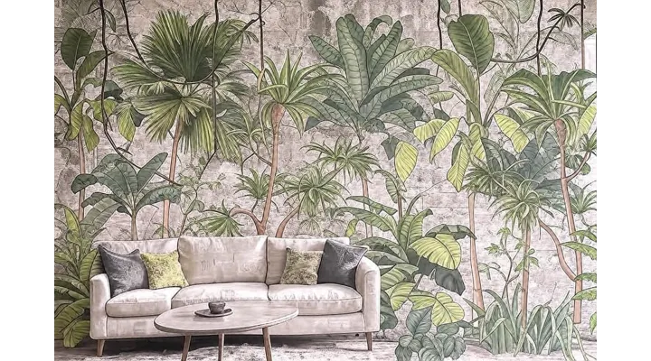 Urban Jungle — Tropical Wallpaper with Concrete Texture | Art Vision Decor