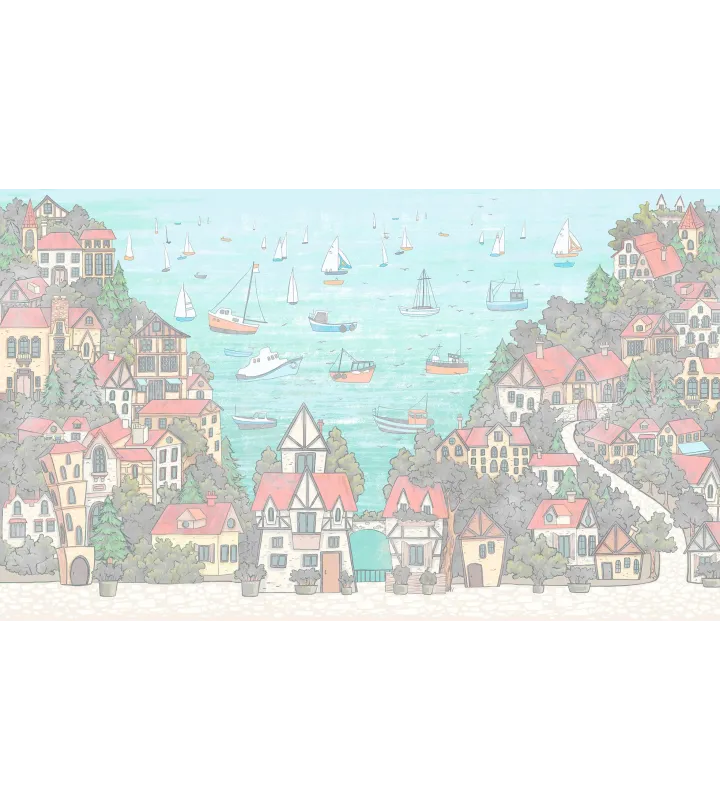 Sailing Town – Kids Wallpaper with Seaside Landscape and Sailboats | Art Vision Decor