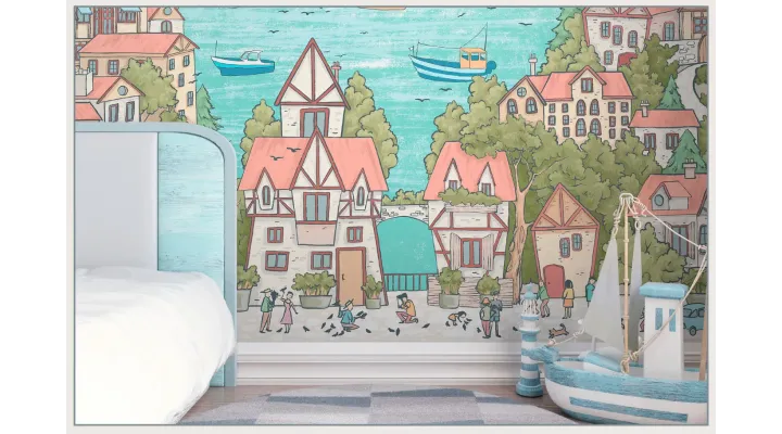 Sailing Town – Kids Wallpaper with Seaside Landscape and Sailboats | Art Vision Decor