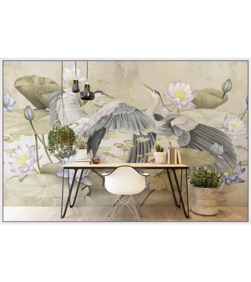 Harmony of Wings – Designer Wallpaper with Herons and Water Lilies