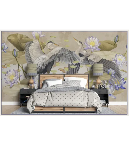 Harmony of Wings – Designer Wallpaper with Herons and Water Lilies