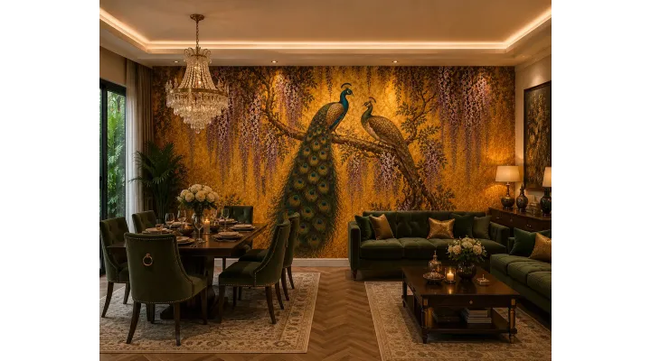 Royal Peacock Wallpaper Mural | Luxury Indian Wall Mural | Maharanis Paradise Collection