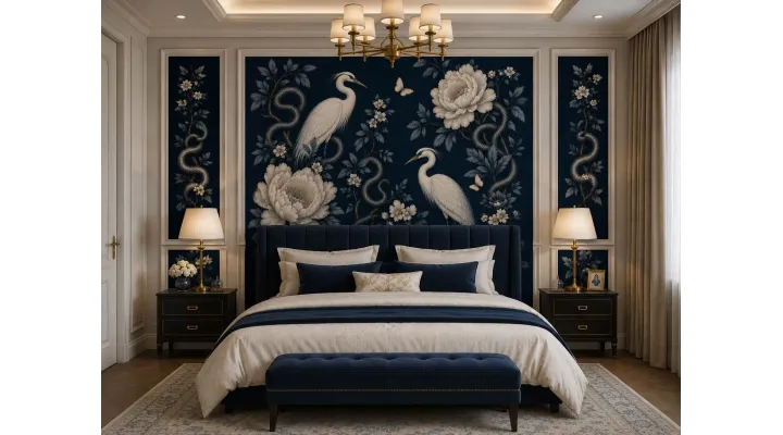 Virelia Luxury Chinoiserie Wallpaper Mural | Custom Navy Blue Heron & Peony Wall Mural
