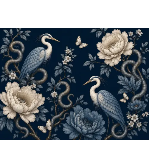 Virelia Luxury Chinoiserie Wallpaper Mural | Custom Navy Blue Heron & Peony Wall Mural