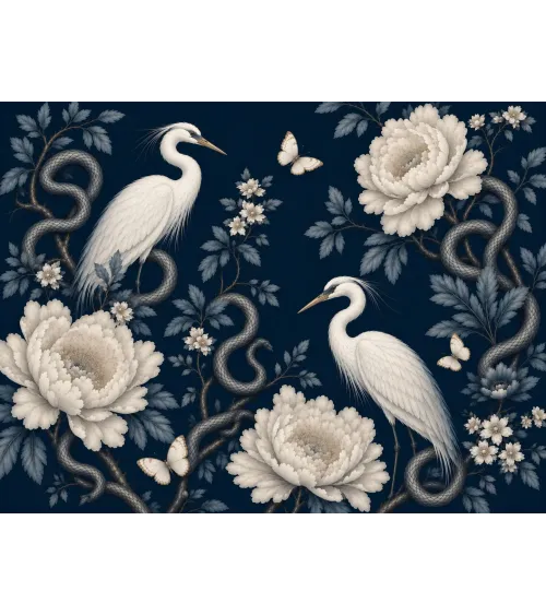 Virelia Luxury Chinoiserie Wallpaper Mural | Custom Navy Blue Heron & Peony Wall Mural