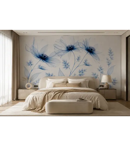 Azure Veil Blue Floral Wallpaper Mural | Elegant Botanical Wall Mural for Luxury Interiors