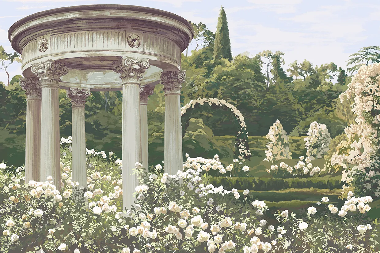 Garden of Serenity – Romantic Garden Mural Wallpaper with Classical Rotunda | ART VISION DECOR