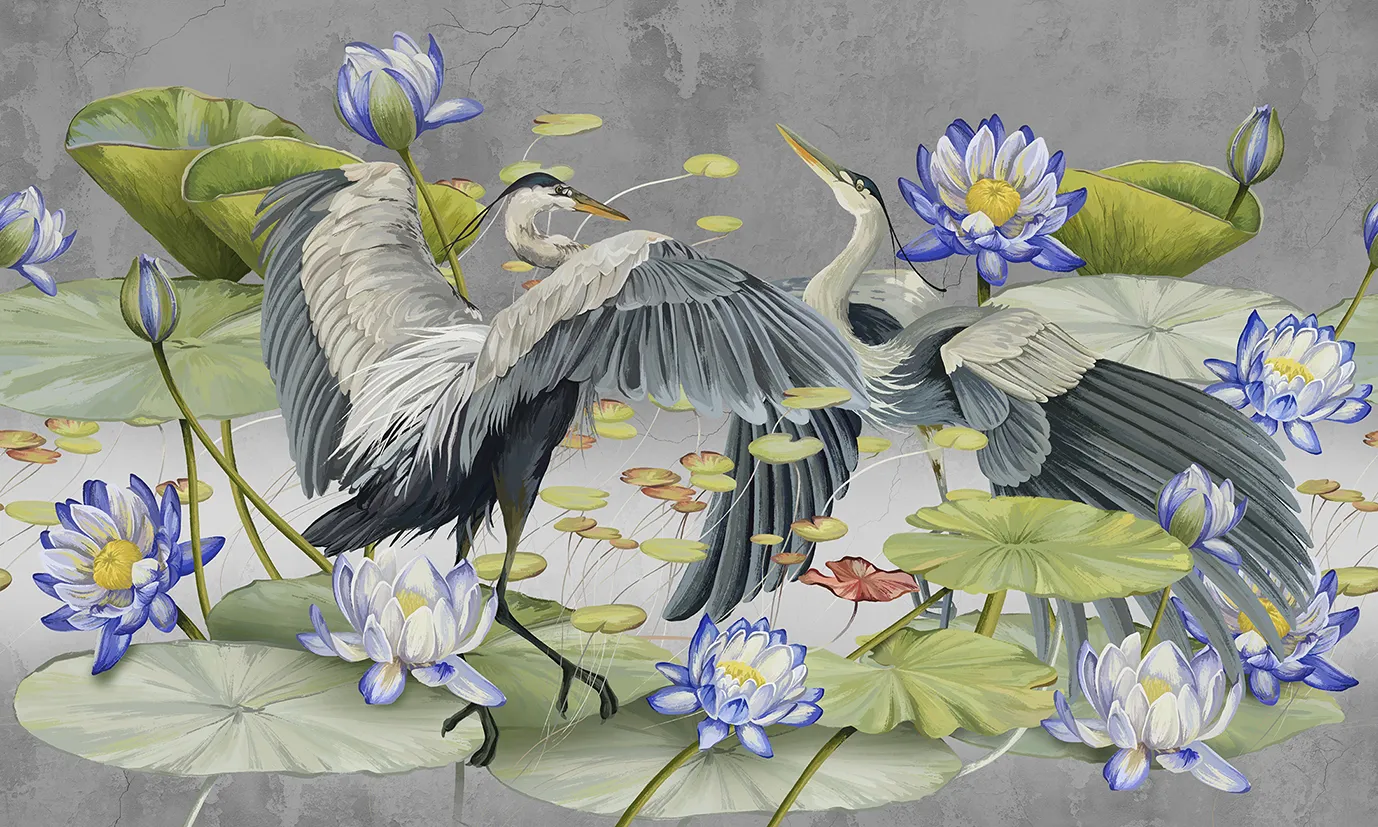 Harmony of Wings – Designer Wallpaper with Herons and Water Lilies