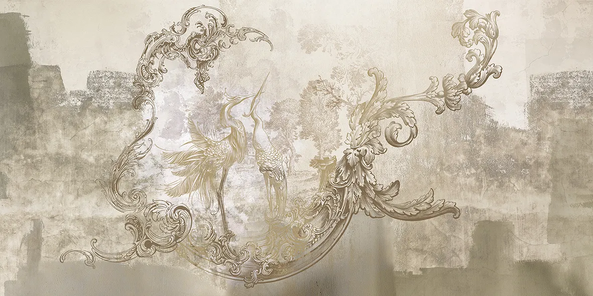 Baroque Flight – Elegant Wallpaper with Herons and Baroque Ornaments