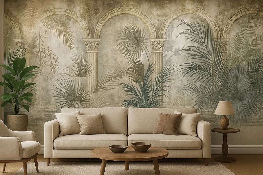 Palms of Arcadia – Tropical Wallpaper with Classical Arches and Palms