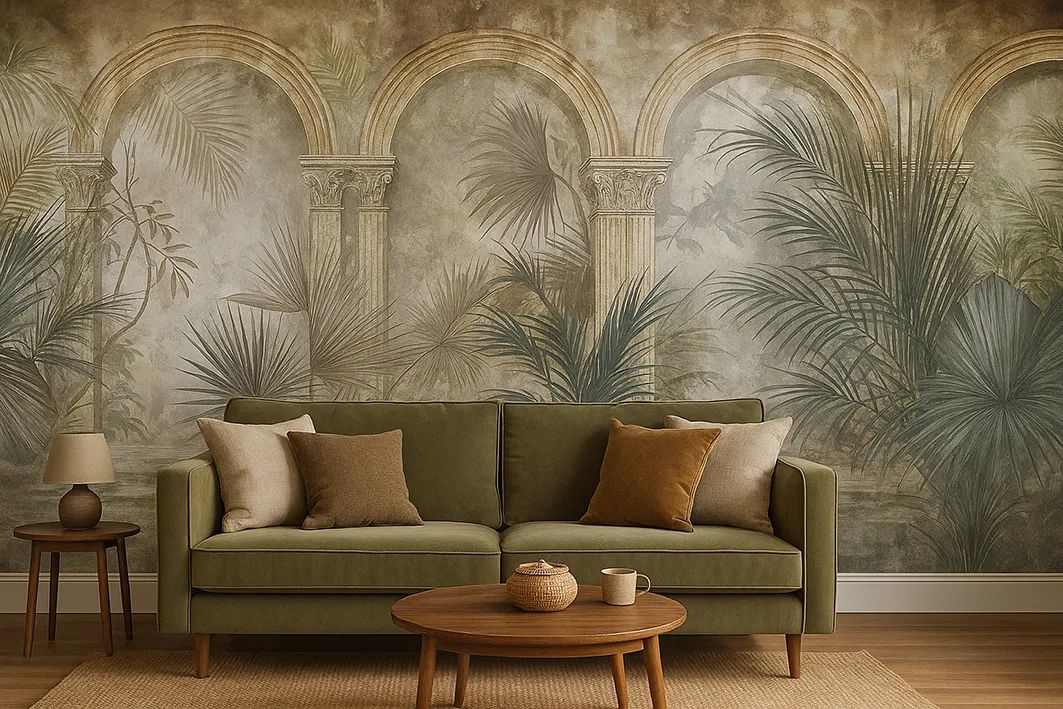 Palms of Arcadia – Tropical Wallpaper with Classical Arches and Palms