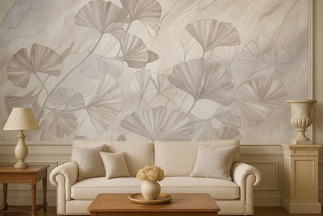Marble Ginkgo – Designer Wallpaper with Ginkgo Leaves and Marble Texture