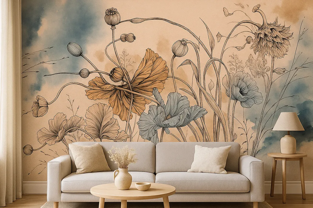 Papaver Dreams – Artistic Wallpaper with Poppies and Textured Background | ART VISION DECOR
