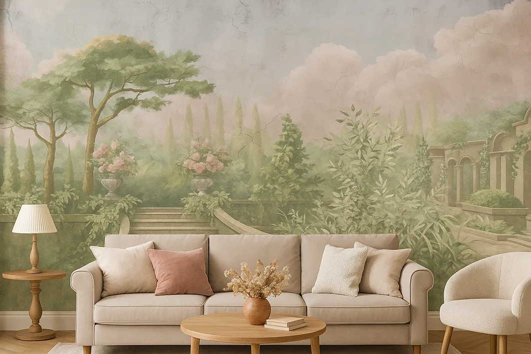 Tuscan Dawn – Panoramic Wallpaper with a Tuscan Garden View | ART VISION DECOR