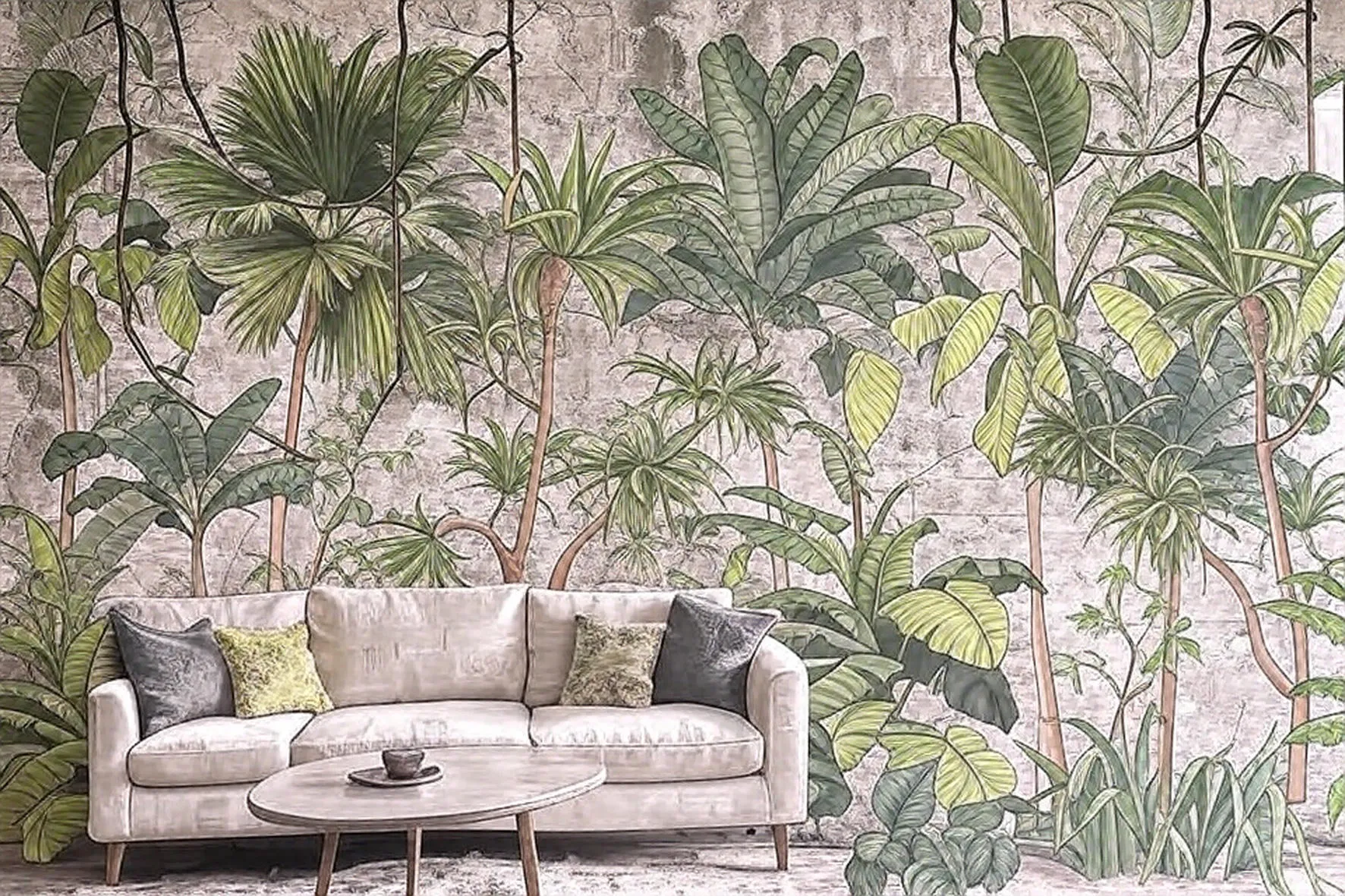 Urban Jungle — Tropical Wallpaper with Concrete Texture | Art Vision Decor