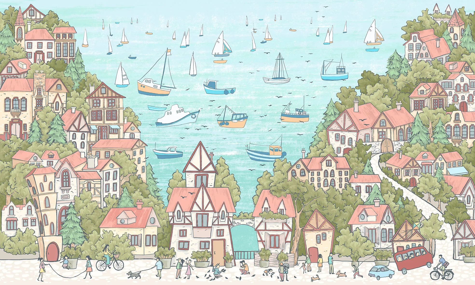 Sailing Town – Kids Wallpaper with Seaside Landscape and Sailboats | Art Vision Decor