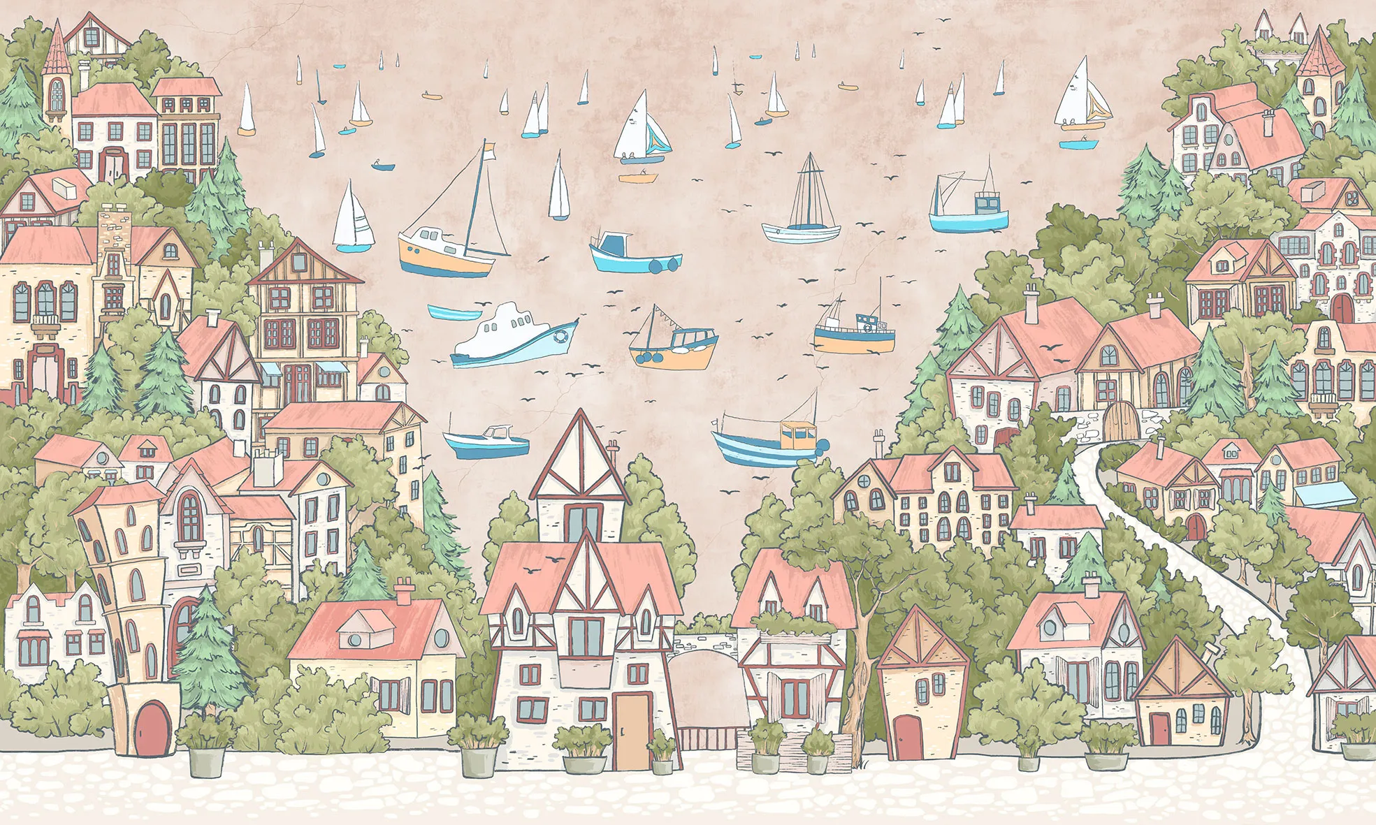 Sailing Town – Kids Wallpaper with Seaside Landscape and Sailboats | Art Vision Decor